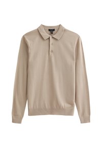 Beige Langarm-Polohemd mit Kragen, drei Knöpfen und gerippten Bündchen. Weicher Stoff mit einheitlicher Textur.
