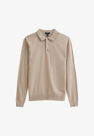 Beige Langarm-Polohemd mit Kragen, drei Knöpfen und gerippten Bündchen. Weicher Stoff mit einheitlicher Textur.