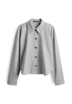 Lichtgrijze shirt met lange mouwen en een spread collar, zes knopen aan de voorkant, twee voorzakken en een relaxte pasvorm. Gladde stoffen textuur.