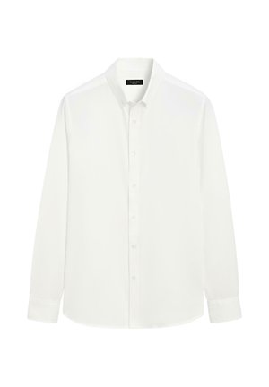 Weißes Langarmshirt in unifarbenem Design, mit klassischem Kragen, durchgehender Knopfleiste und glatter Stofftextur. Ohne Muster oder Verzierungen.