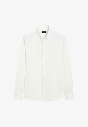 White long-sleeve shirt in a solid design, featuring a classic collar, button-down front, and smooth fabric texture. No patterns or accents.