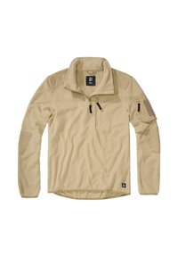 Beiger Fleece-Pullover mit Viertel-Reißverschluss, Tasche am linken Arm und strukturiertem Körper. Mit einem Etikett mit dem Buchstaben „B“ unten links.