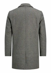 Herrens lång houndstooth-mönstrad kappa i svart, vitt och grått, visad bakifrån med klassisk krage och långa ärmar.