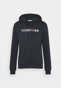 Felpa navy in misto cotone, con tasca frontale a marsupio, cappuccio con cordoncino e testo multicolore "TOGETHER" sul petto.