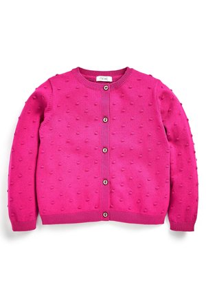 Cardigan tricoté rose vif avec motif à points texturé, col rond, manches longues et fermeture à boutons sur le devant.