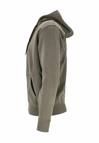 Felpa grigio scuro con una texture morbida, dotata di tasca a marsupio, polsini e orlo a coste, e cappuccio con cordino.