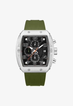 Orologio quadrato con cassa metallica argentata, quadrante nero con subquadranti, dettagli bianchi e arancioni, e cinturino in gomma verde.