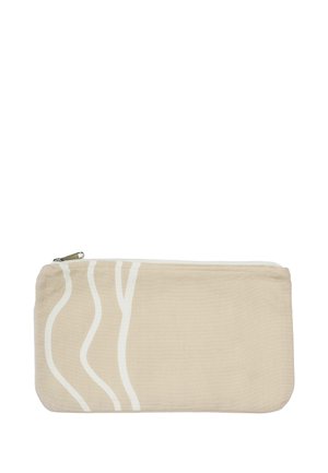 Trousse rectangulaire beige avec fermeture éclair et trois lignes blanches ondulées verticales sur le côté gauche, sur fond blanc.