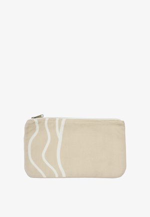 Bézs téglalap alakú cipzáras tasak három függőleges fehér hullámos vonallal bal oldalon, fehér háttér előtt.