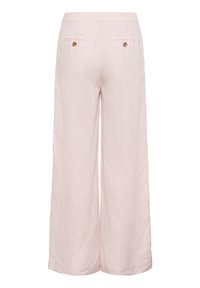 Helle rosa Leinen-Hose mit weitem Bein und hohem Bund. Verfügt über zwei Gesäßtaschen mit sichtbaren Knöpfen und einer glatten Textur.