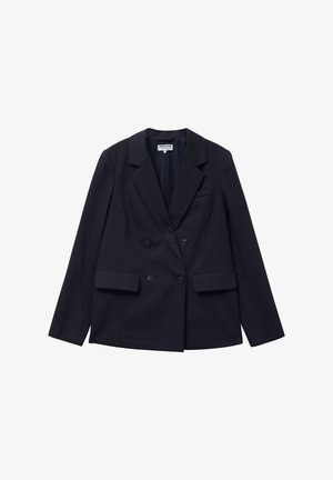 Laivastonsininen raidoitettu kaksirivinen bleiseri, jossa on lovetut kaulukset, kaksi etutaskua ja nappikiinnitys, valmistettu teksturoidusta kankaasta.