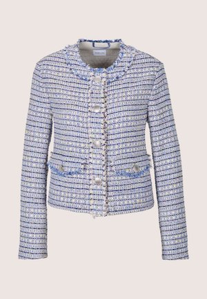 Lichtblauw-witte tweed jas met rafelige randen, zilveren knopen, twee voorszakken en een ronde halslijn.