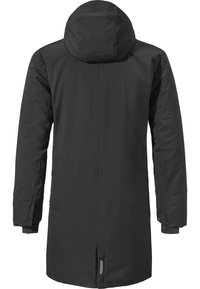 Schwarze, lange Jacke mit Kapuze. Sie hat eine glatte Textur, seitliche Taschen und einen Schlitz am hinteren Saum für mehr Bewegungsfreiheit.