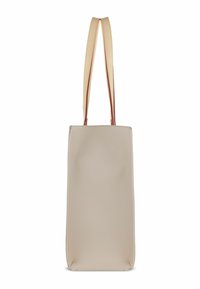 Sac fourre-tout en cuir beige, de forme rectangulaire, avec une texture lisse et deux longues poignées. Design minimaliste sans matériel visible.