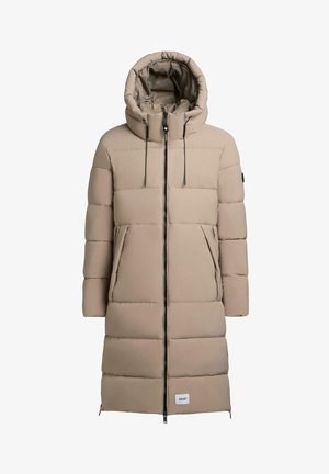 Beige padded coat with a high collar and hood, featuring a full front zipper, large pockets, and a logo patch on the lower front.
