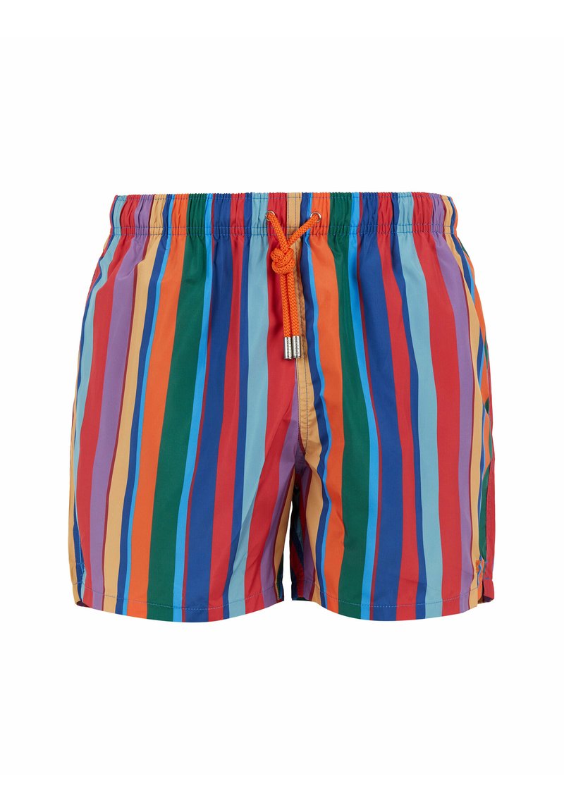 Pantaloni da bagno colorati con strisce verticali in rosso, blu, verde, arancione e beige. Presenta una vita elastica e un cordino regolabile.
