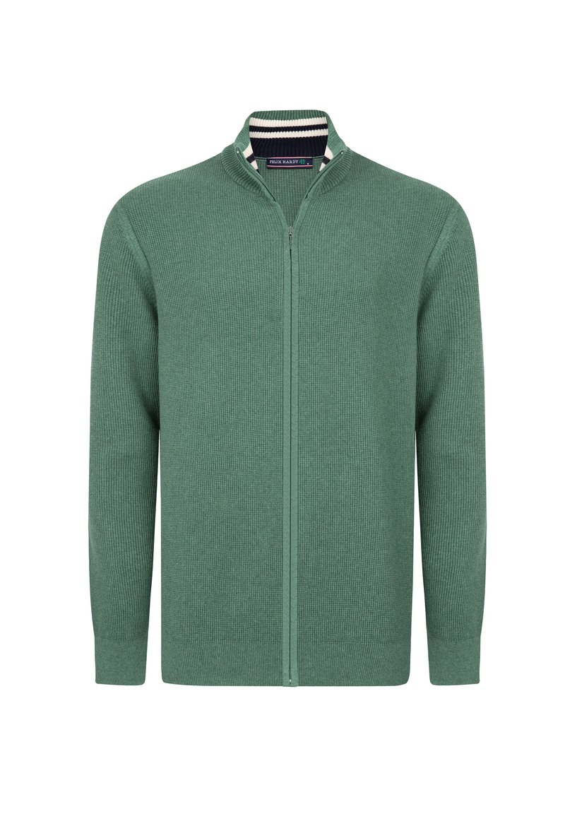 Cárdigan verde con cremallera, hecho de una tela de punto texturizada. Tiene un cuello alto con un interior a rayas. Manga larga y color sólido en toda la prenda.