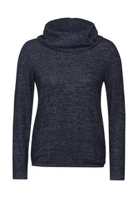 Maglione a maniche lunghe blu navy con scollatura a barchetta, tessuto strutturato e due bottoni decorativi sul lato del collo. Materiale morbido.