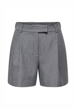 Shorts grises sur mesure en tissu léger, dotés d'un devant plat, d'une large ceinture et de poches latérales avec un design propre et structuré.