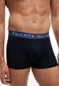Αρσενικός κορμός που φοράει σκούρα μπλε boxer Tommy Hilfiger με λογότυπο στη μέση, σε μονόχρωμο φόντο.