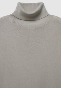 Light gray turtleneck sweater made from ribbed knit fabric. Features a high collar and a fitted design, emphasizing smooth texture.