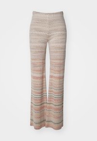 Multi-colored knit pants with zigzag pattern, featuring a wide leg and elastic waistband. Material appears soft with a textured finish.