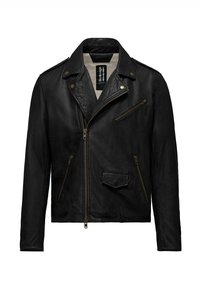 Giacca da moto in pelle nera con colletto a punta, zip frontale asimmetrica e molteplici tasche con zip; finitura testurizzata e accessori in oro.