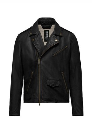 Giacca da moto in pelle nera con colletto a punta, zip frontale asimmetrica e molteplici tasche con zip; finitura testurizzata e accessori in oro.