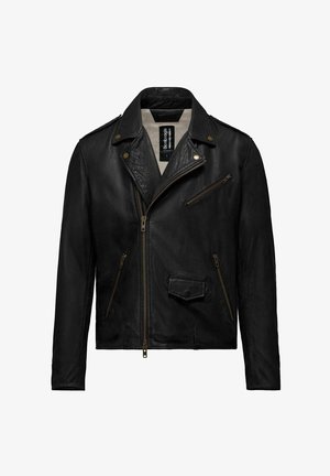 Giacca da moto in pelle nera con colletto a punta, zip frontale asimmetrica e molteplici tasche con zip; finitura testurizzata e accessori in oro.