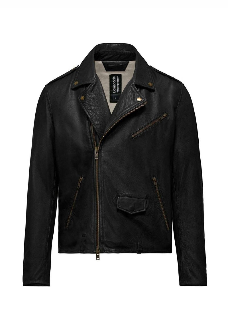 Giacca da moto in pelle nera con colletto a punta, zip frontale asimmetrica e molteplici tasche con zip; finitura testurizzata e accessori in oro.