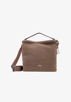 Brun fleece taske med en rektangulær form, der har et top håndtag og en justerbar rem. Sølv hardware og logo detalje på forsiden.