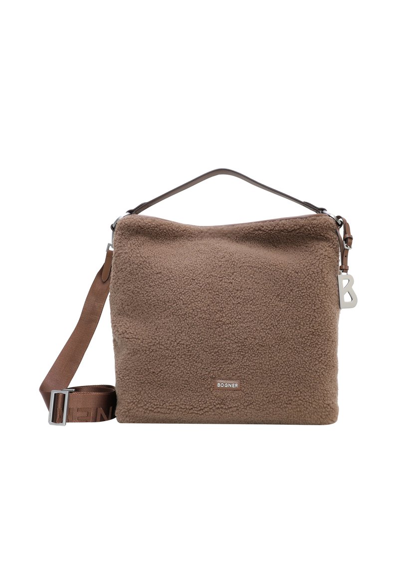 Brązowa torba z polaru o prostokątnym kształcie, z górną rączką i regulowanym paskiem. Srebrne okucia i detal z logo z przodu.