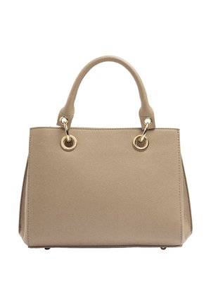 Beżowa torebka ze skóry o fakturze, z zaokrąglonymi uchwytami przymocowanymi złotymi metalowymi pierścieniami, o prostokątnym, usztywnionym kształcie i widocznymi detalami przeszycia.