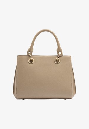 Beżowa torebka ze skóry o fakturze, z zaokrąglonymi uchwytami przymocowanymi złotymi metalowymi pierścieniami, o prostokątnym, usztywnionym kształcie i widocznymi detalami przeszycia.