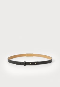 Black textured leather belt with a smooth tan inner lining, metallic gold hardware, and adjustable fit features. Simple and sleek design.