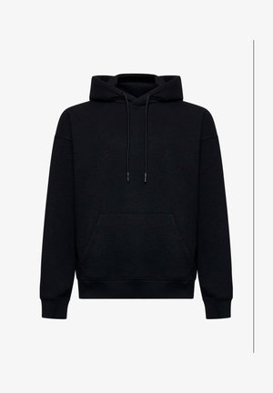 Felpa nera con cappuccio, dotata di tasca frontale, cordoncino e polsini a costine. Realizzata in un tessuto morbido con una superficie liscia.