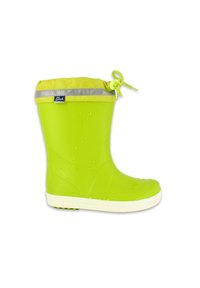 Botte de pluie en caoutchouc verte avec un revers jaune, un cordon de serrage et une bande réfléchissante, présentant une surface texturée et une semelle blanche.