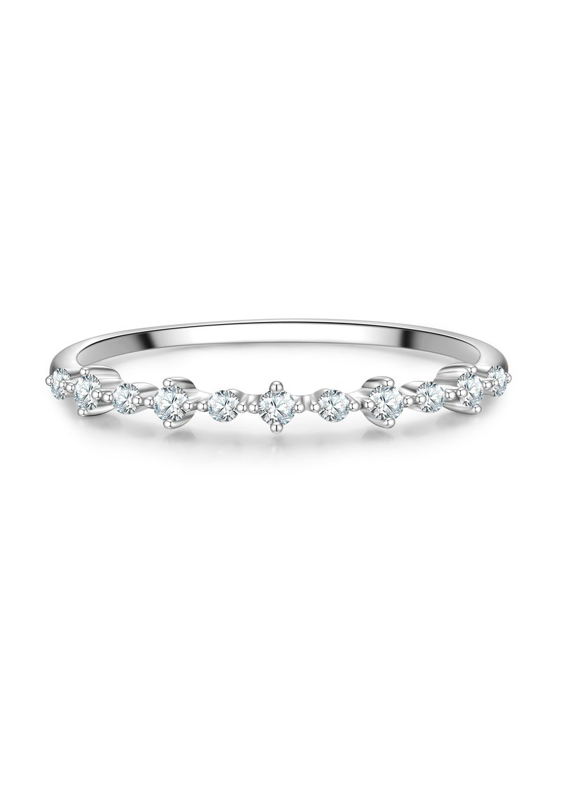 White gold ring featuring a delicate band adorned with small, sparkling, round-cut stones in a wavy pattern along the surface.