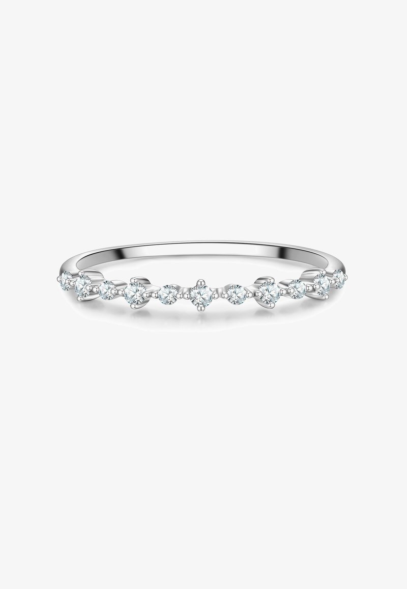 White gold ring featuring a delicate band adorned with small, sparkling, round-cut stones in a wavy pattern along the surface.
