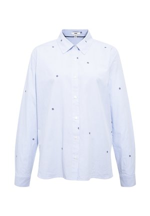 Light blue pinstriped long-sleeve shirt with small dark blue floral accents, button-down front, and pointed collar.