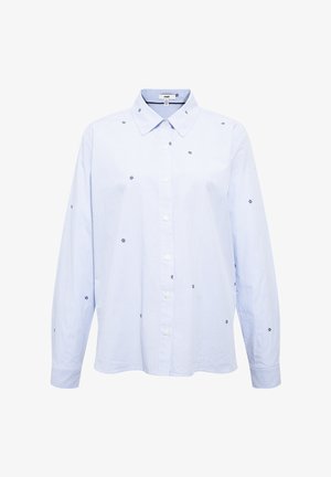 Light blue pinstriped long-sleeve shirt with small dark blue floral accents, button-down front, and pointed collar.