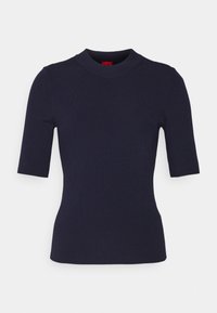 Marineblaues, geripptes Kurzarmoberteil mit hohem Hals und tailliertem Design, aus einem elastischen Stoff gefertigt. Glatte Textur und klare Verarbeitung.