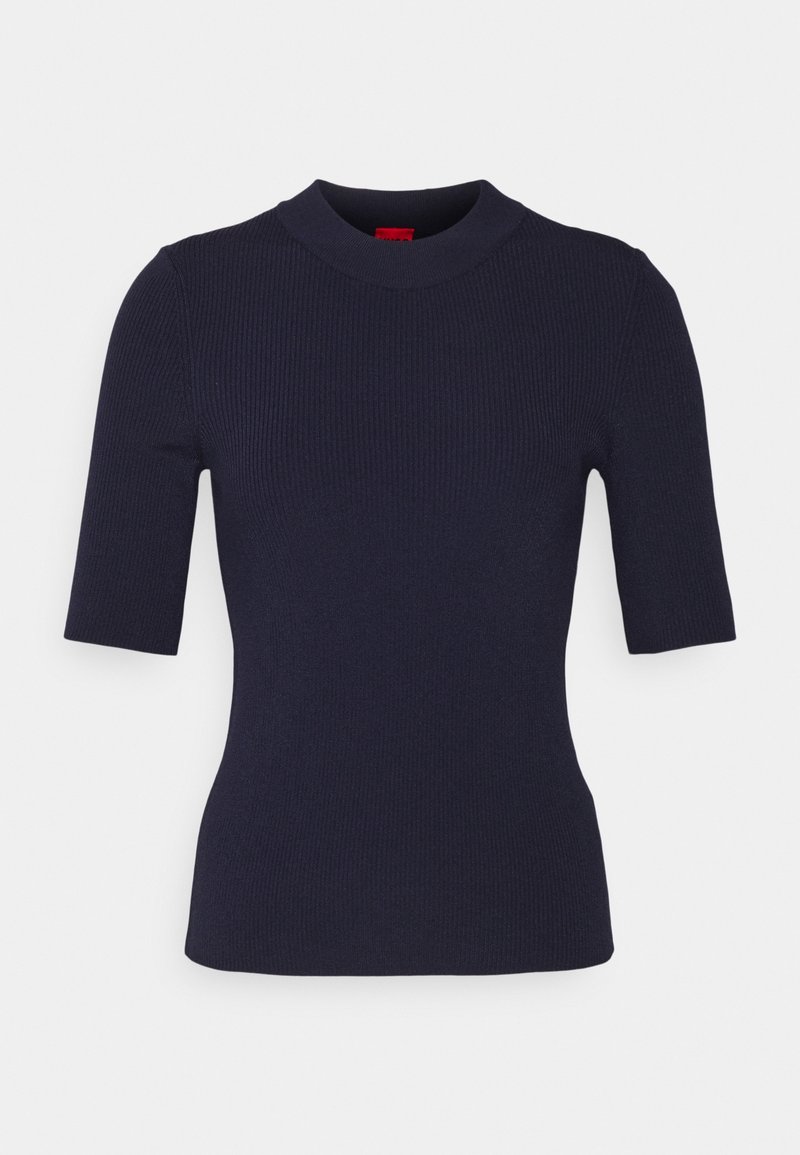 Marineblaues, geripptes Kurzarmoberteil mit hohem Hals und tailliertem Design, aus einem elastischen Stoff gefertigt. Glatte Textur und klare Verarbeitung.