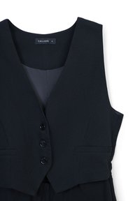 Gilet sans manches noir avec un décolleté en V profond, quatre boutons à l'avant et deux poches sur les côtés, fabriqué en tissu texturé. L'étiquette indique "CALLIOPE S."