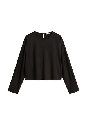 Black long-sleeve cropped blouse with round neckline and keyhole button closure at the back.