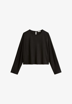 Black long-sleeve cropped blouse with round neckline and keyhole button closure at the back.