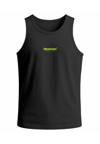 Schwarzes Tanktop aus glattem Stoff mit Rundhalsausschnitt. Mit einem leuchtend grünen "Neverless Beach Club"-Logo auf der Brust.
