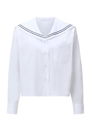 Camicia bianca con bottoni, maniche lunghe, colletto stile marinaio con due righe blu navy e tasca sul lato sinistro del petto.