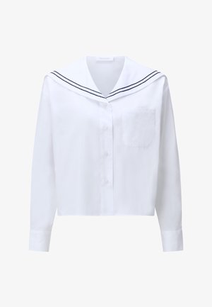 Camicia bianca con bottoni, maniche lunghe, colletto stile marinaio con due righe blu navy e tasca sul lato sinistro del petto.