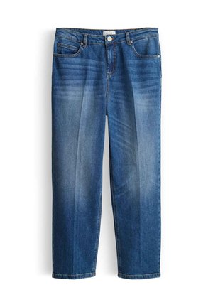 Blaue Jeans aus Denim mit geradem Bein, leichter Verblassung, fünf Taschen und vorderem Knopfverschluss. Etikett am Bund sichtbar.